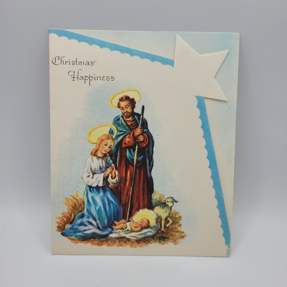 Vintage Christmas Happiness Nativity Scene Card Unused Religious Holiday
